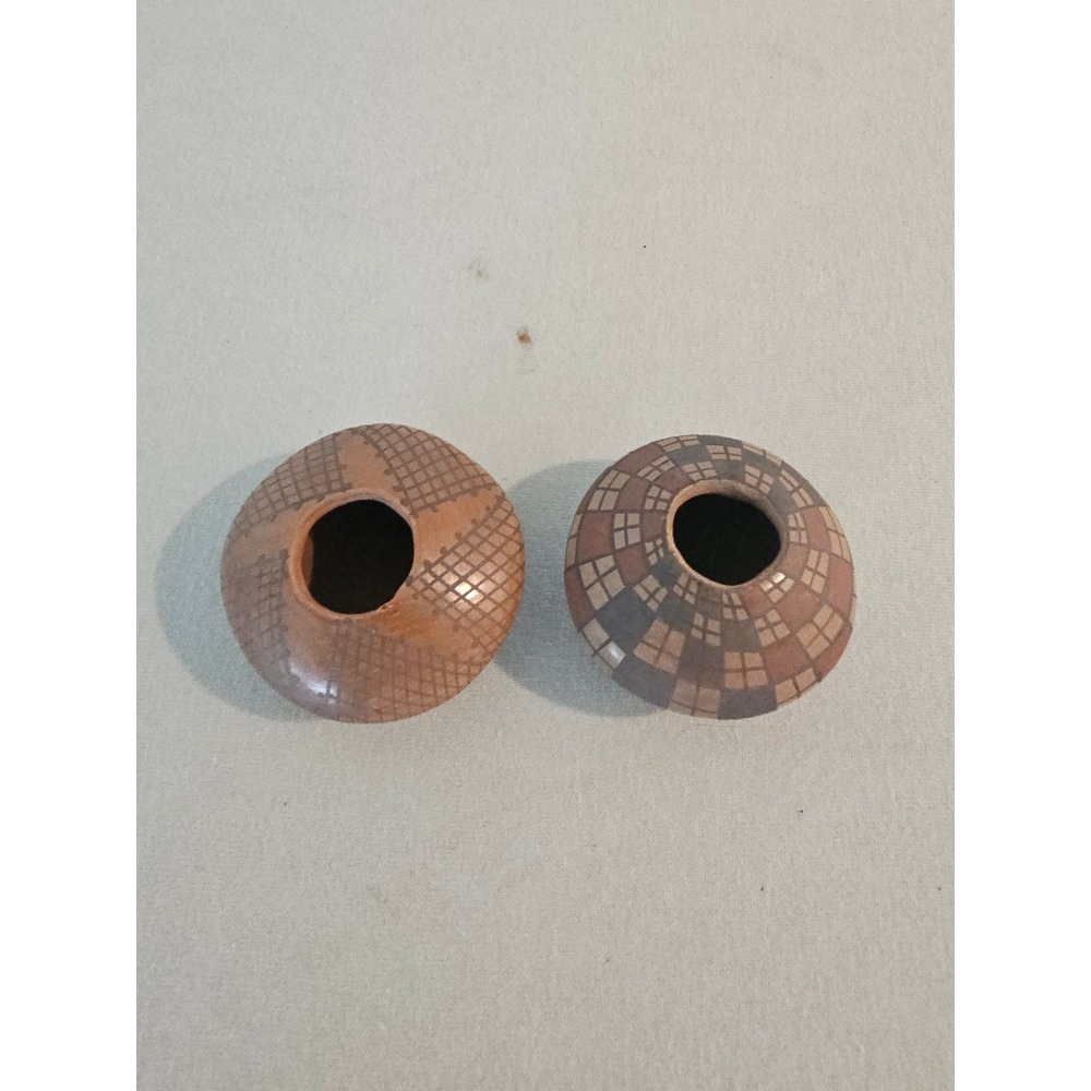 Hand Painted Miniature Pottery Seed Pots Geometric Earth Tones Set of 2